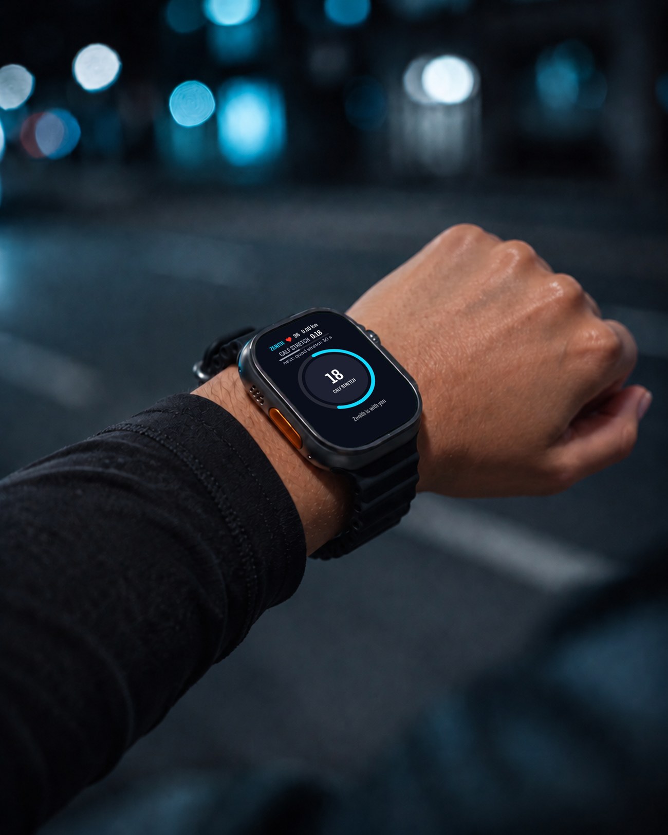 A woman's wrist at night, Apple Watch Ultra showing Zenith's calf stretch timer at 18 seconds